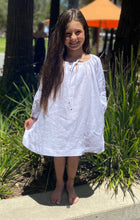 Load image into Gallery viewer, White smock dress with adjustable gathered neckline and pockets